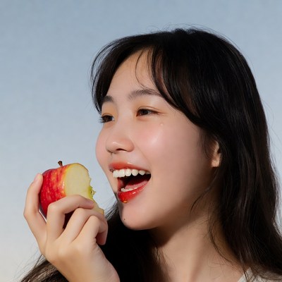 Asian girl biting red apple