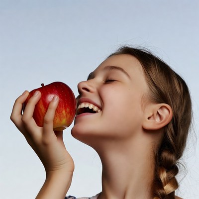 Girl biting red apple
