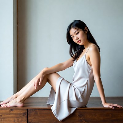 Asian woman in silk slip dress sitting