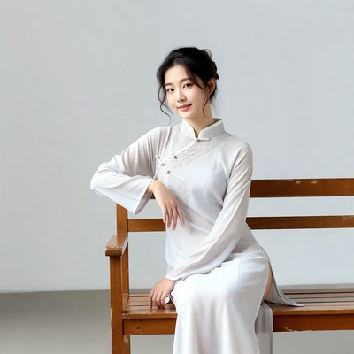 Asian woman in white cheongsam on bench