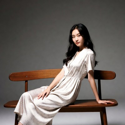 Asian woman sitting on wooden bench
