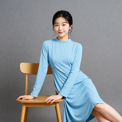 Asian woman in blue dress on chair