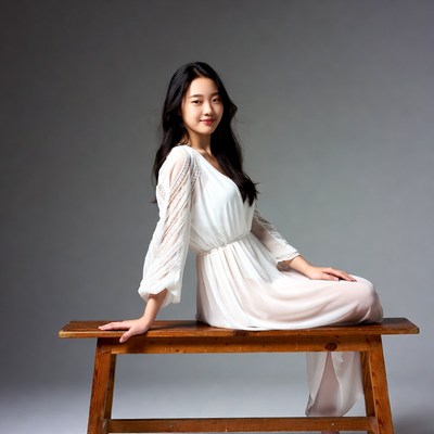 Asian woman sitting on wooden bench