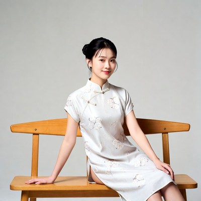 Asian woman in white cheongsam on bench