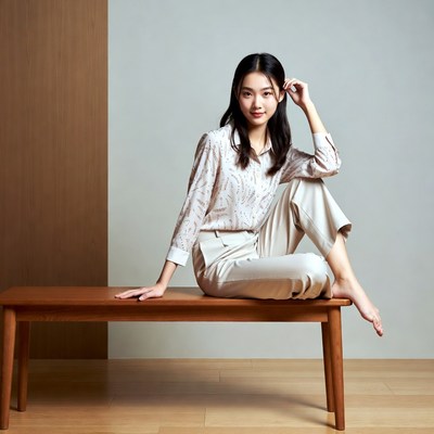 Asian woman sitting barefoot on bench