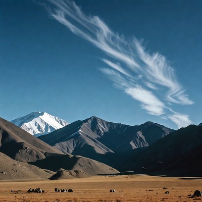 Snowy Mountain Peaks Over Desert Valley