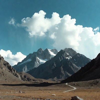 Snowy Peaks with Clouds and Winding Path