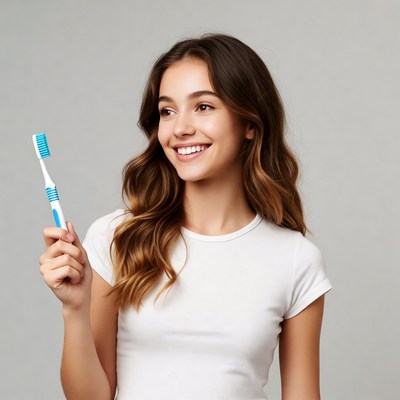 Young woman holding blue toothbrush