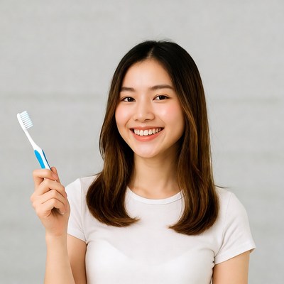 Asian woman holding toothbrush smiling