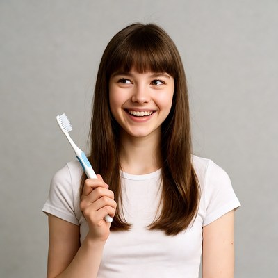 Teen girl smiling with toothbrush
