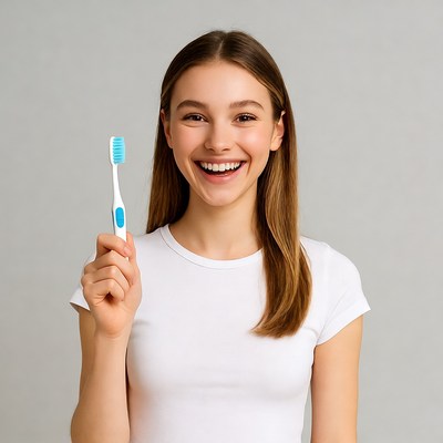 Young woman smiling with toothbrush