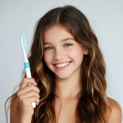 Girl holding toothbrush smiling