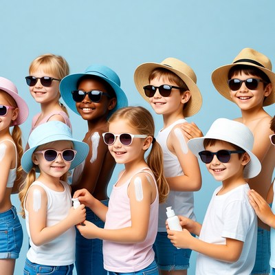 Diverse kids applying sunscreen beach style