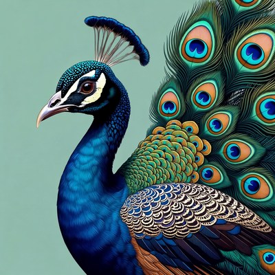 Blue peacock with vibrant tail feathers
