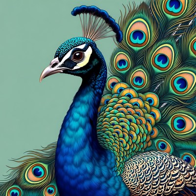 Blue peacock displaying feathers