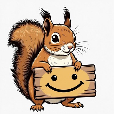 Cute squirrel holding smiley sign