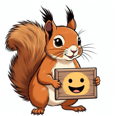 Cartoon squirrel holding smiley sign