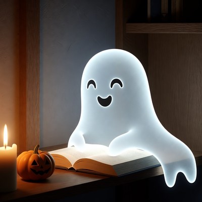 Cute ghost reading book with candle