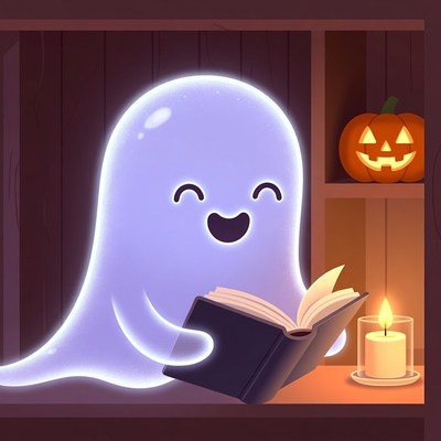Cute ghost reading book with pumpkin