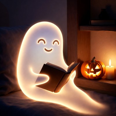 Cute ghost reading book by pumpkin