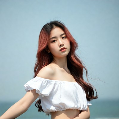Asian woman in white off-shoulder top seaside