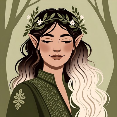 Elf woman with laurel wreath in forest