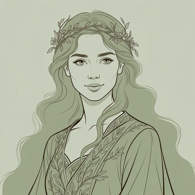 Woman with floral wreath and leafy dress