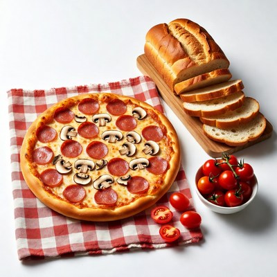 Pepperoni Mushroom Pizza with Bread and Tomatoes