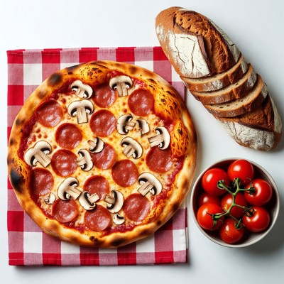 Pepperoni Mushroom Pizza with Bread Tomatoes