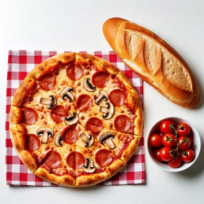 Pepperoni Mushroom Pizza with Bread and Tomatoes
