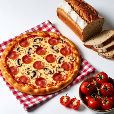 Pepperoni Mushroom Pizza with Bread Tomatoes