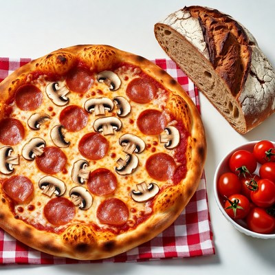 Pepperoni Mushroom Pizza with Bread and Tomatoes