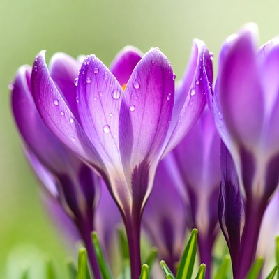 Purple Crocus Flowers with Dew Drops