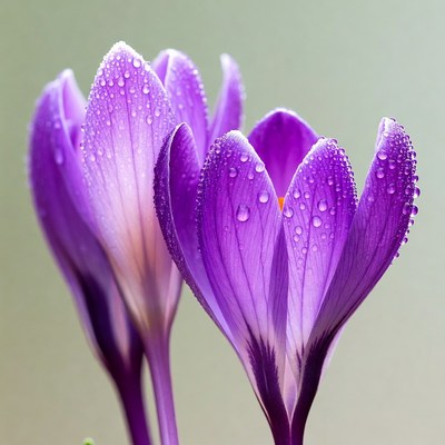 Purple Crocus Flowers with Dew Drops