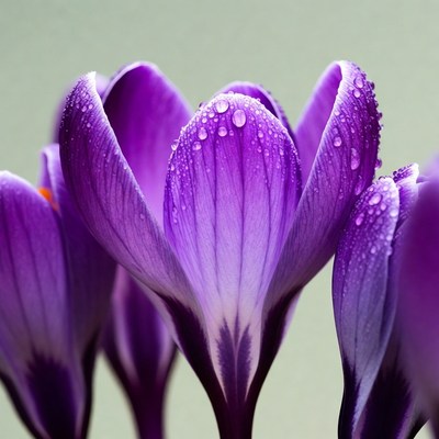 Purple Crocus Flowers with Dew Drops