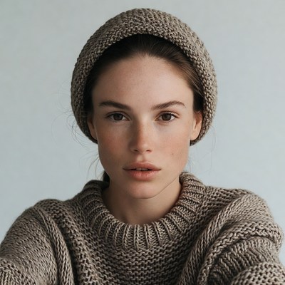 Woman wearing knit beanie sweater