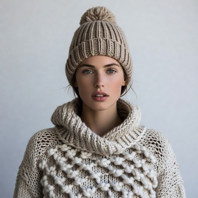 Woman in Beanie and Turtleneck Sweater