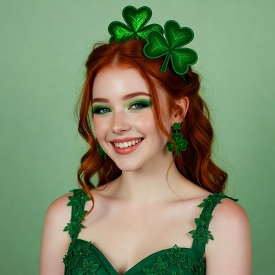 Redhead woman wearing shamrock crown