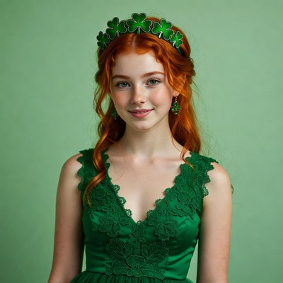 Redhead woman in green shamrock crown