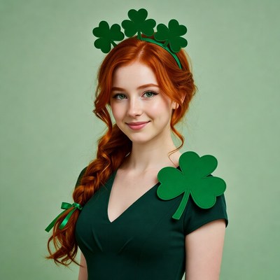 Redhead woman in shamrock St. Patrick's dress