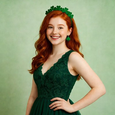 Redhead girl in green shamrock dress