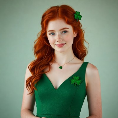 Redhead woman in green dress with shamrocks