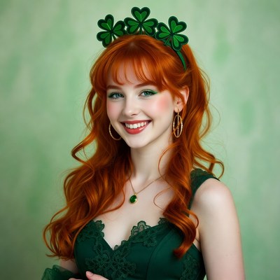 Redhead woman wearing shamrock crown
