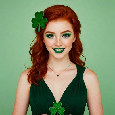 Redhead woman in green dress holding shamrocks