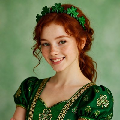 Redhead girl in shamrock dress