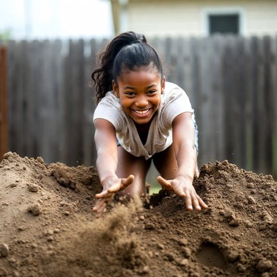 African-American girl playing in dirt pile