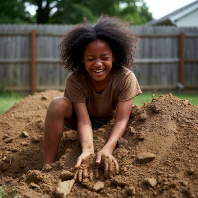 African-American girl playing in dirt pile