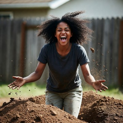 African-American woman throwing dirt joyfully