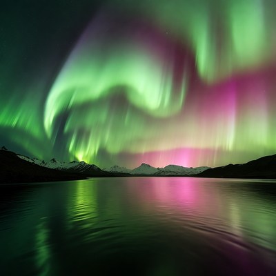 Northern Lights over Snowy Mountains and Lake