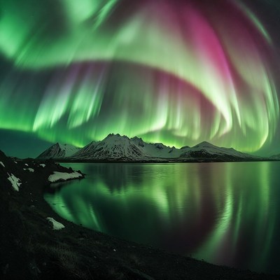 Northern Lights over Snowy Mountains and Lake